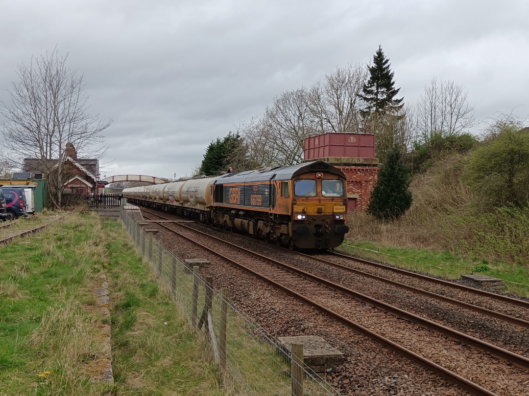 Whistlestopper on Train Siding: A rather mucky GB Railfreight class 66/7 No. #66759 "Chippy" passing Appleby this lunchtime working 4N03 1125 Carlisle
New Yard to...