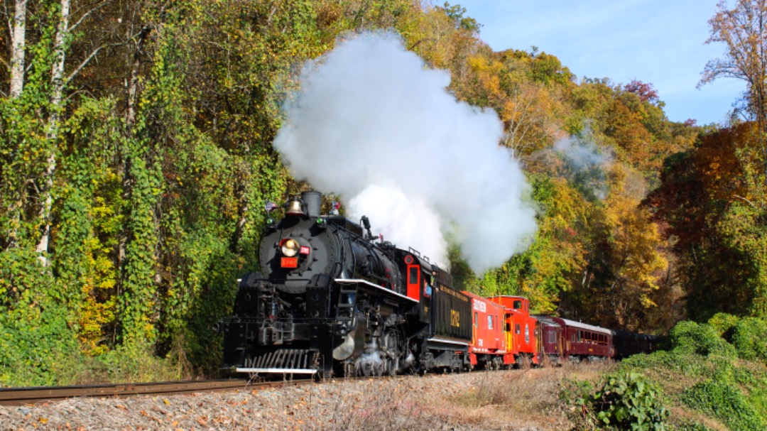 GreatSmokyMtnsRailfan on Train Siding: Great Smoky Mountains Railroad 1702 along the skirts of Fontana Lake, in Almond, North Carolina