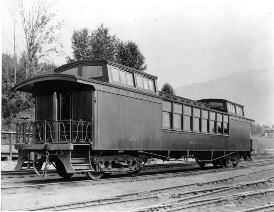 All Aboard! on Train Siding: The first recorded use of a "dome" observation car was on the Canadian Pacific Railway (CPR) for travel through the Rocky
Mountains.