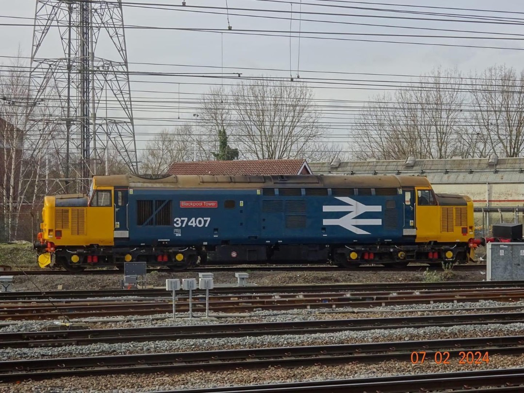 Inter City Railway Society on Train Siding: Direct Rail Services 37407 - Blackpool Tower forming 0Z37 1630 Doncaster West Yard to Crewe Gresty Bridge (Drs)