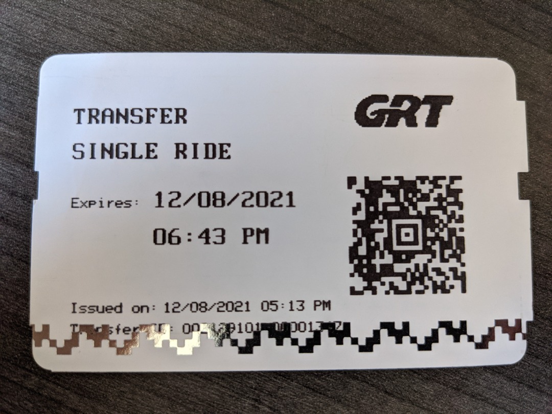 Ryan on Train Siding: A GRT ticket purchased at an ION station. The ticket machines are similar to the PRESTO ticket machines on TTC, so the tickets also look
similar....