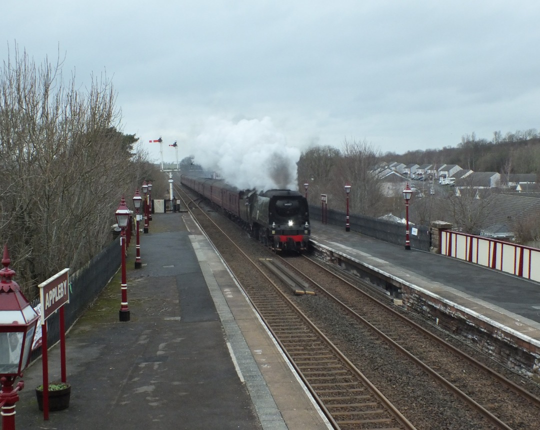 Whistlestopper on Train Siding: SR Battle of Britain class No. #34067 "Tangmere" storming through Appleby this afternoon working the return leg of
'The Winter Cumbrian...