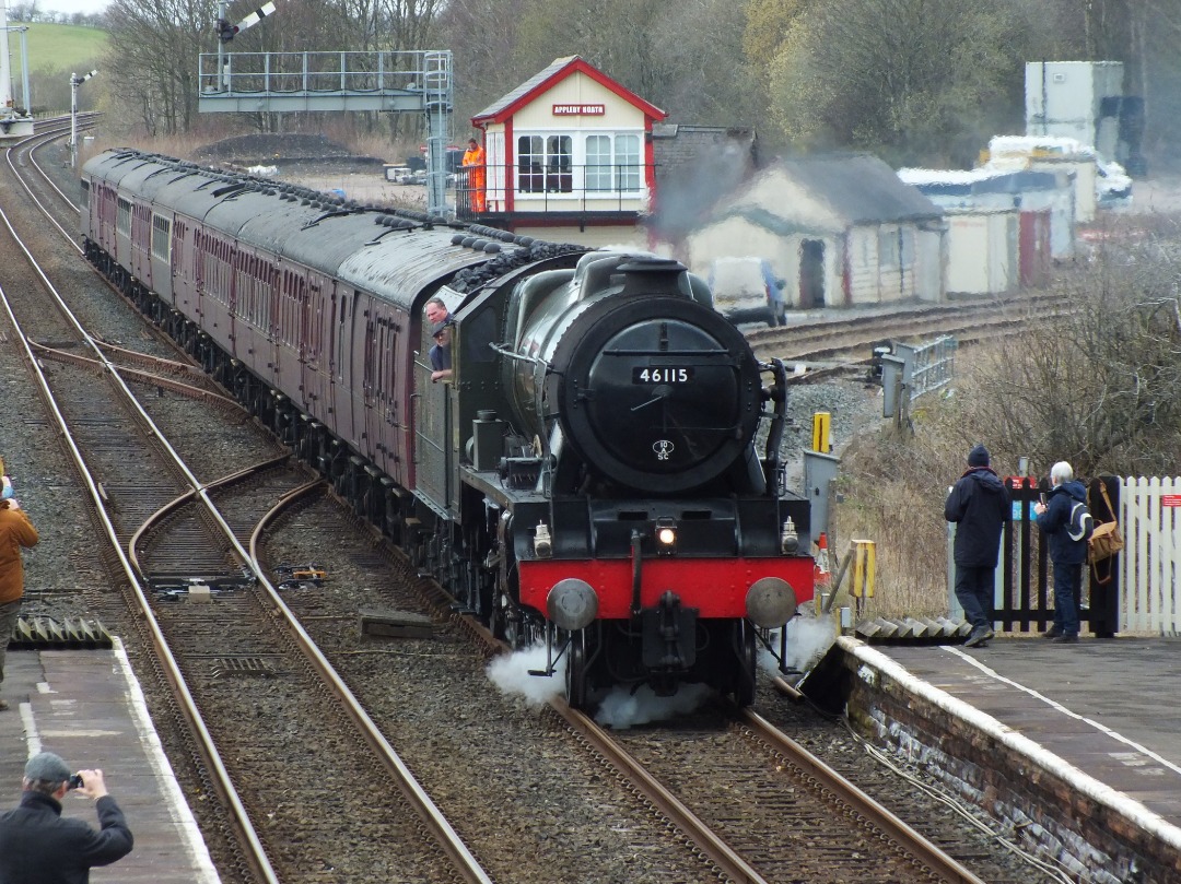 Cumbrian Trainspotter on Train Siding: LMS Royal Scot Class No. #46115 "Scots Guardsman" is seen at Appleby with 'The Winter Cumbrian Mountain
Express' railtour from...