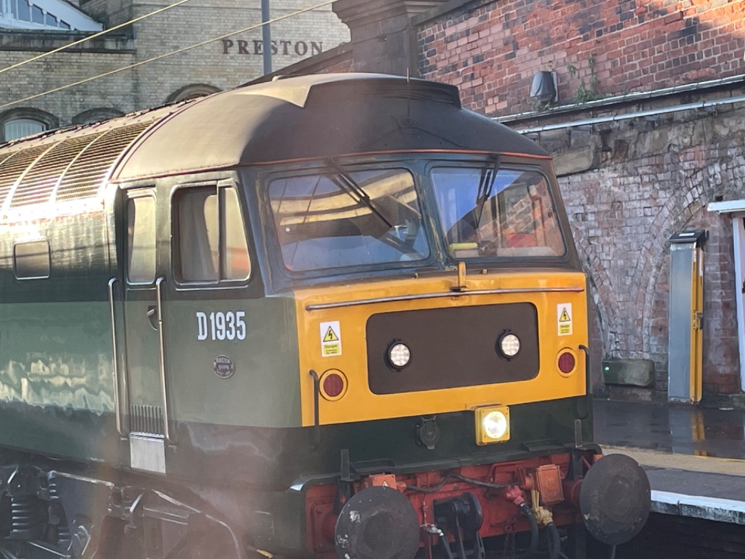 Colin Ward on Train Siding: On a bright but cold morning D1935 stands at platform 4 at Preston Station at the head of the 5Z47 Crewe HS to Carlisle.
