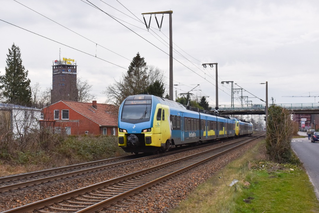 NL Rail on Train Siding: Westfalenbahn Flirts ET 411 en ET 404 komen langs de Bahndamm in Leer onderweg als RE 15 uit Münster naar Emden Hbf.