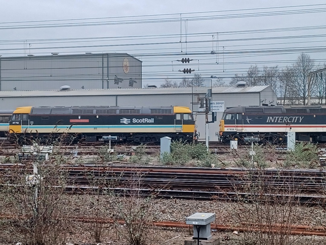 Trainnut on Train Siding: #photo #train #diesel #depot Intercity 47828 & Scotrail 47712 on Crewe Diesel Depot this morning.