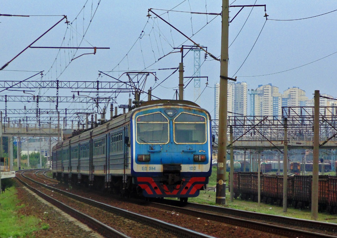Yurko Slyusar on Train Siding: Electric train ED9M-100 at the Post 837 km - Darnytsia stretch, Kyiv, Ukraine. 19.07.2014