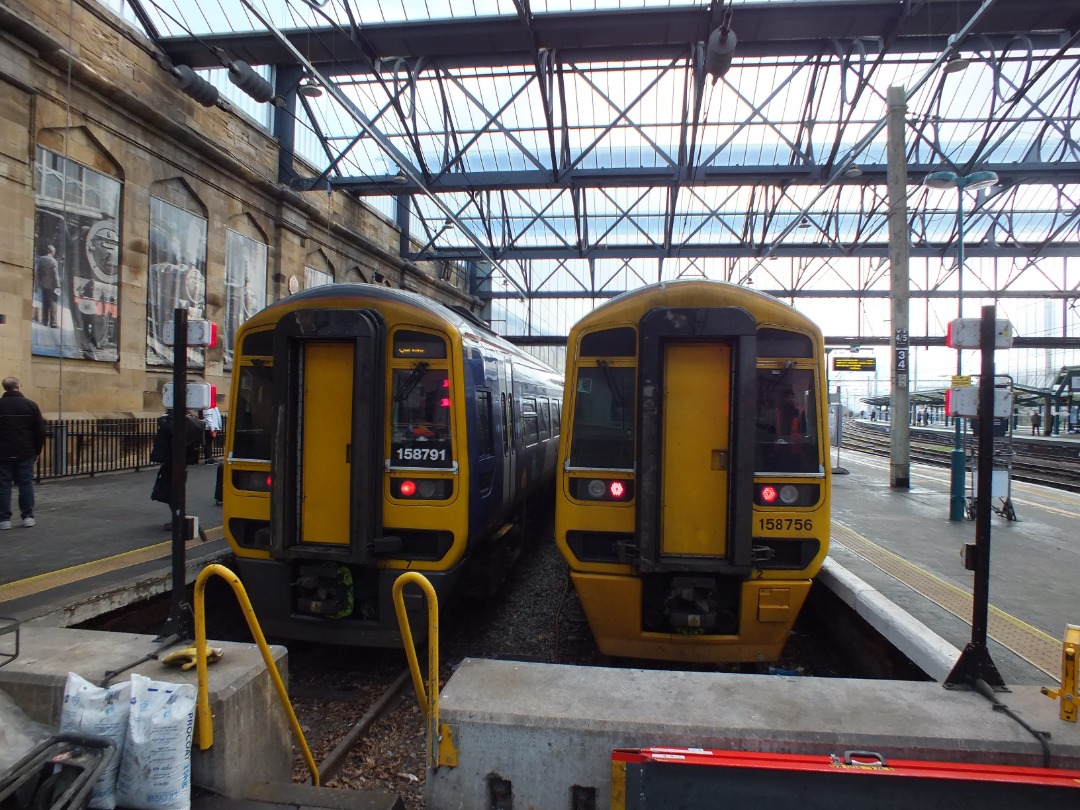 Cumbrian Trainspotter on Train Siding: Northern class 158s No. #158791 and #158756 stabled between duties in Carlisle station yesterday.