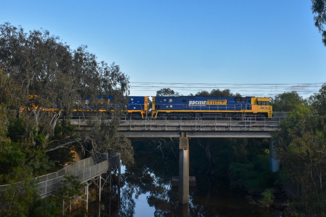 Shawn Stutsel on Train Siding: Pacific National's NR72 and NR96 ( obscured by the tree) races across the Werribee River, Werribee Melbourne with 3AM5,
Intermodal...
