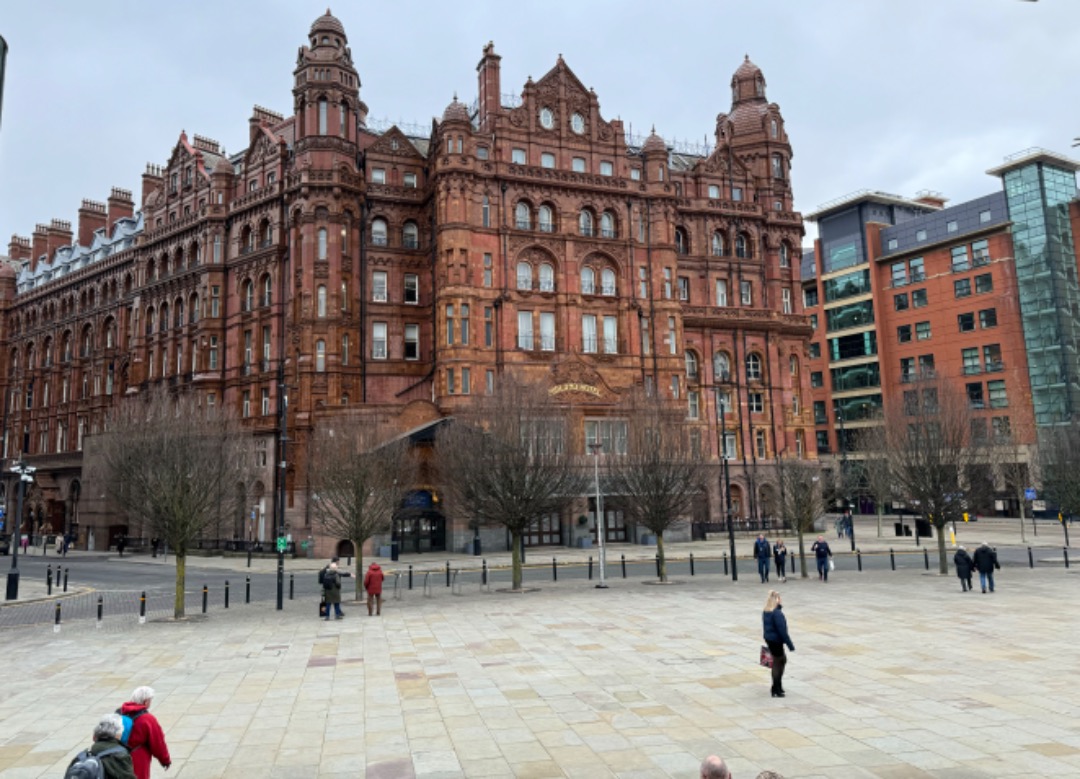 k unsworth on Train Siding: Former Manchester Central Station forecourt , station clock and the adjacent Midland Hotel.....