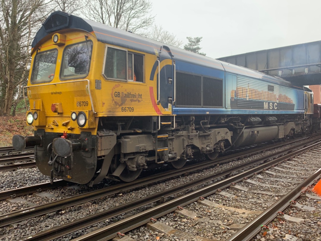 Mista Matthews on Train Siding: GBRf Class 66 66709 "Sorrento" departs possession at Fleet station with head code 6G12 on route to Eastleigh.