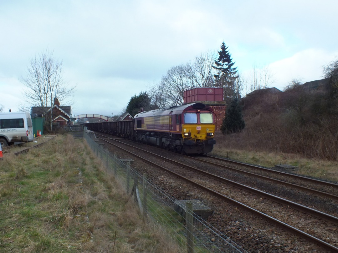Cumbrian Trainspotter on Train Siding: DB Cargo class 66/0 No. #66053 passing Appleby this morning working 6E97 1044 New Biggin British Gypsum to Tees Dock.