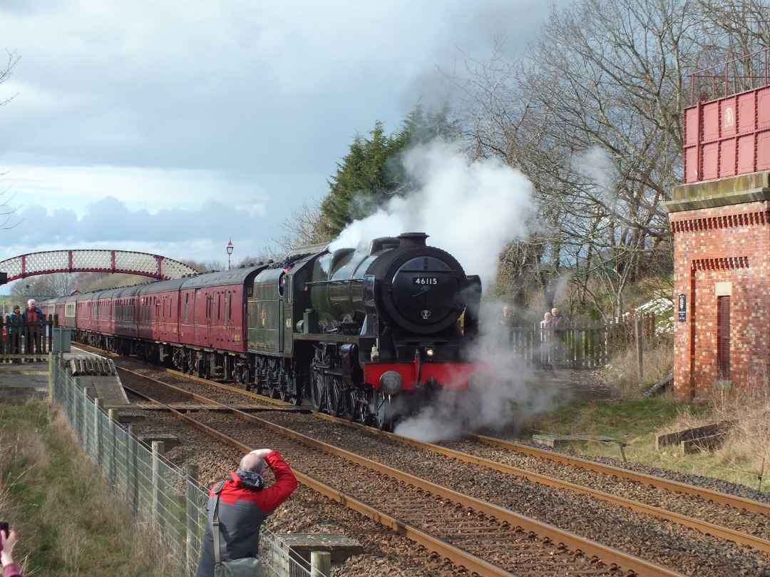 Cumbrian Trainspotter on Train Siding: LMS Royal Scot Class No. #46115 "Scots Guardsman" is seen at Appleby with 'The Winter Cumbrian Mountain
Express' railtour from...