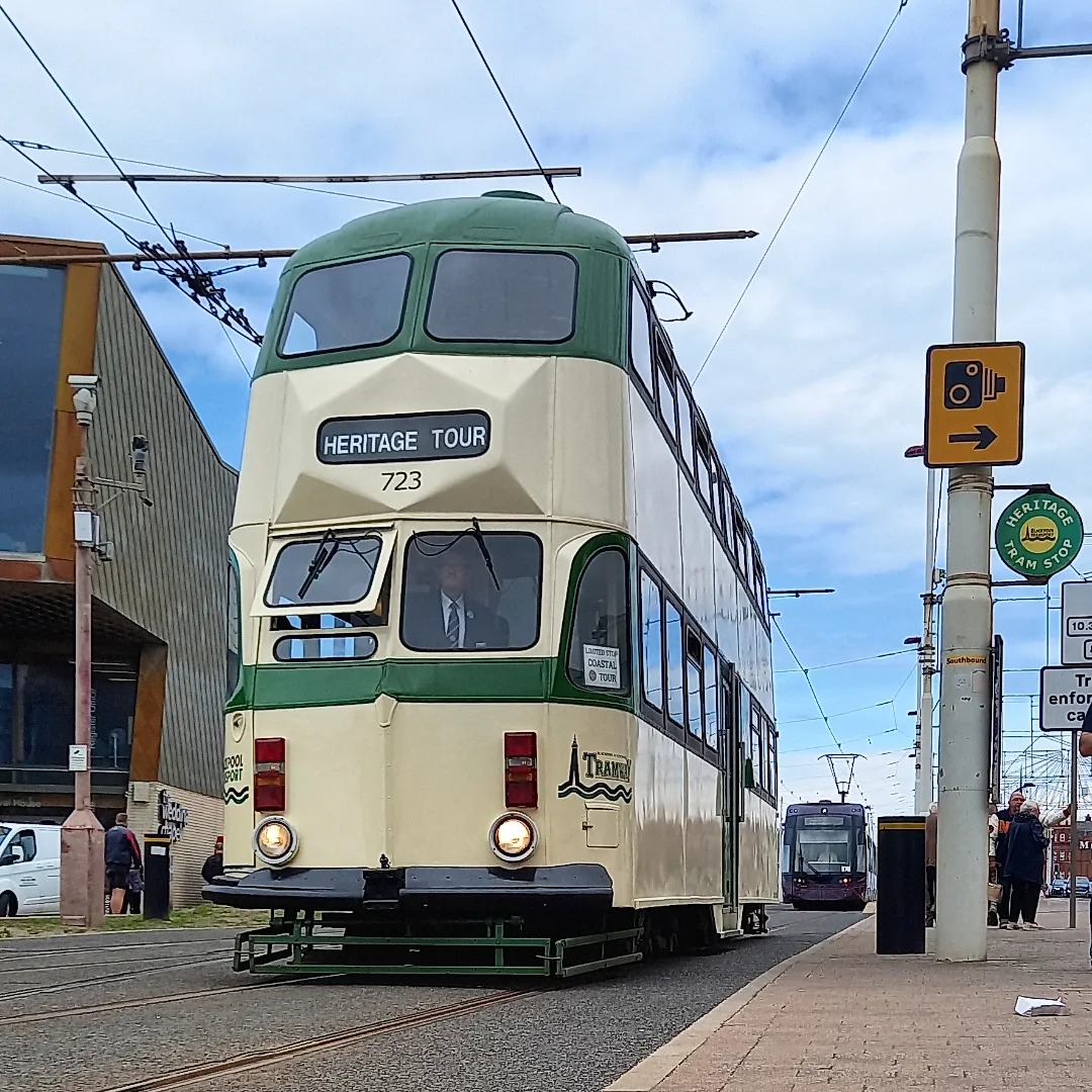 Joel on Train Siding: Blackpool Heritage Tram Balloon 723 at North Peir Heritage Tram stop after finishing the 10:40 Coastal Tour & Blackpool tram Flexity 2
001 at...