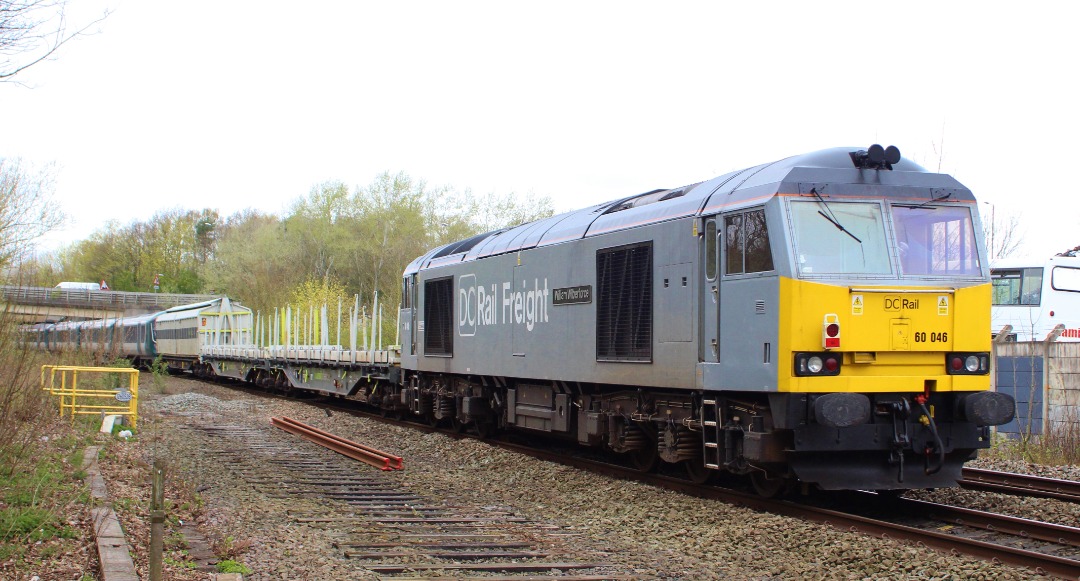 Jamie Armstrong on Train Siding: 60028 with 60046 on the rear delivering 730101 to Bombardier, Derby working 5Q30 Wembley Yard - Derby Litchurch Lane seen
at...