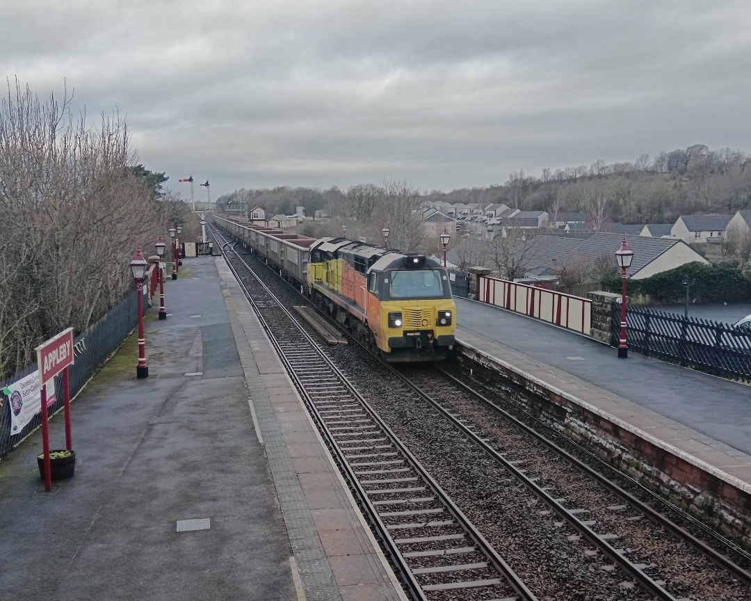 Whistlestopper on Train Siding: Colas Rail class 70/8 No. #70802 passing Appleby this morning working 6E41 0849 Carlisle N.Y. to Dewsbury Colas.
