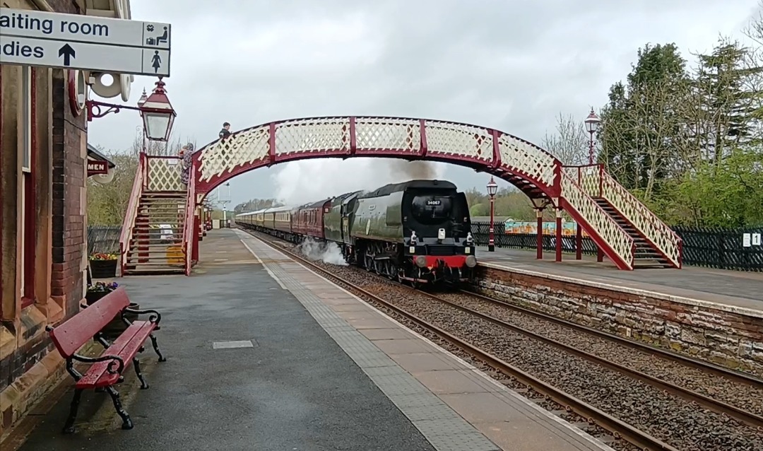 Whistlestopper on Train Siding: SR Battle of Britain class No. #34067 "Tangmere" and class 57/3 No. #57313 "Scarborough Castle" passing
Appleby this afternoon working...