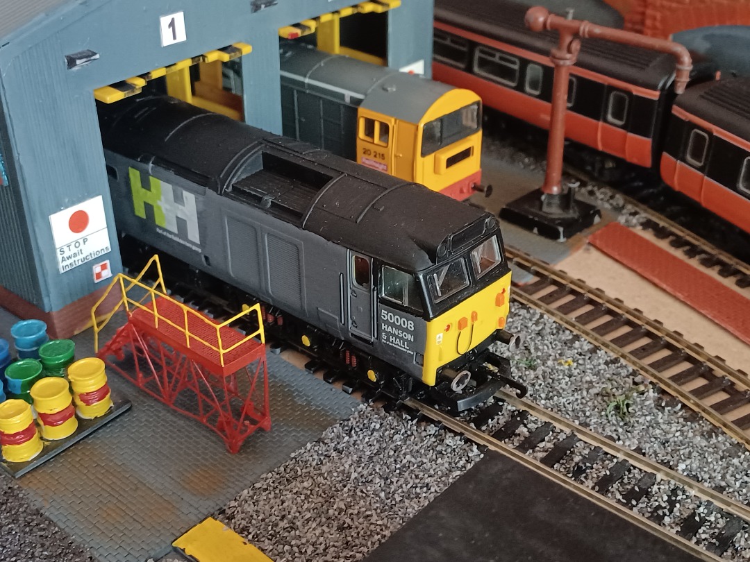 Trainnut on Train Siding: #modelrailway #00gauge #train #diesel Hanson & Hall 50008 and Railfreight 20215 on shed at Green Lane shed