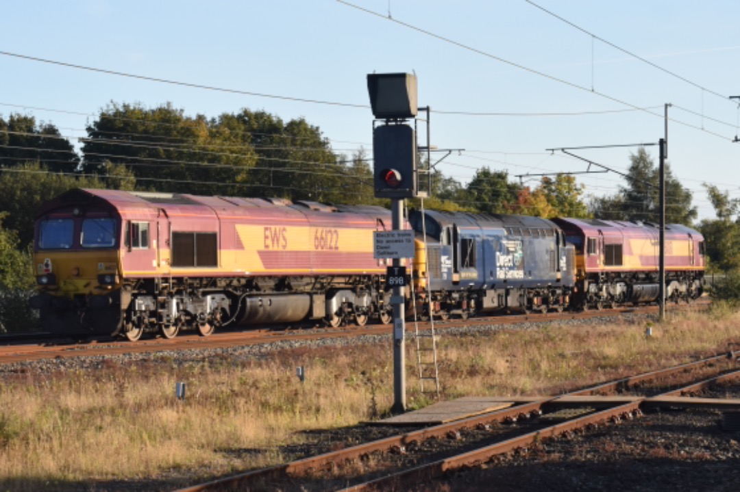 George Stephens on Train Siding: DRS 66108 + 37423 + 66122 seen passing Darlington working 0Z37 Carlisle Kingmoor Siding DRS - York Parcels Sidings