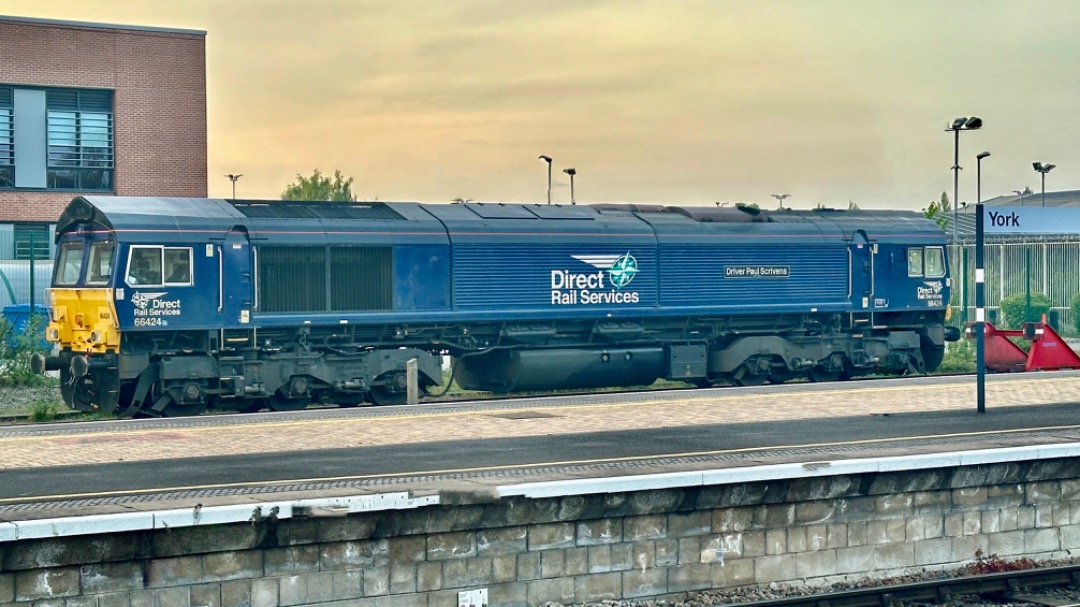 Michael Gates on Train Siding: Direct Rail Services Class 66, 66424 ‘Driver Paul Scrivens’ at York station sidings as the sun sets 1st May 2024.