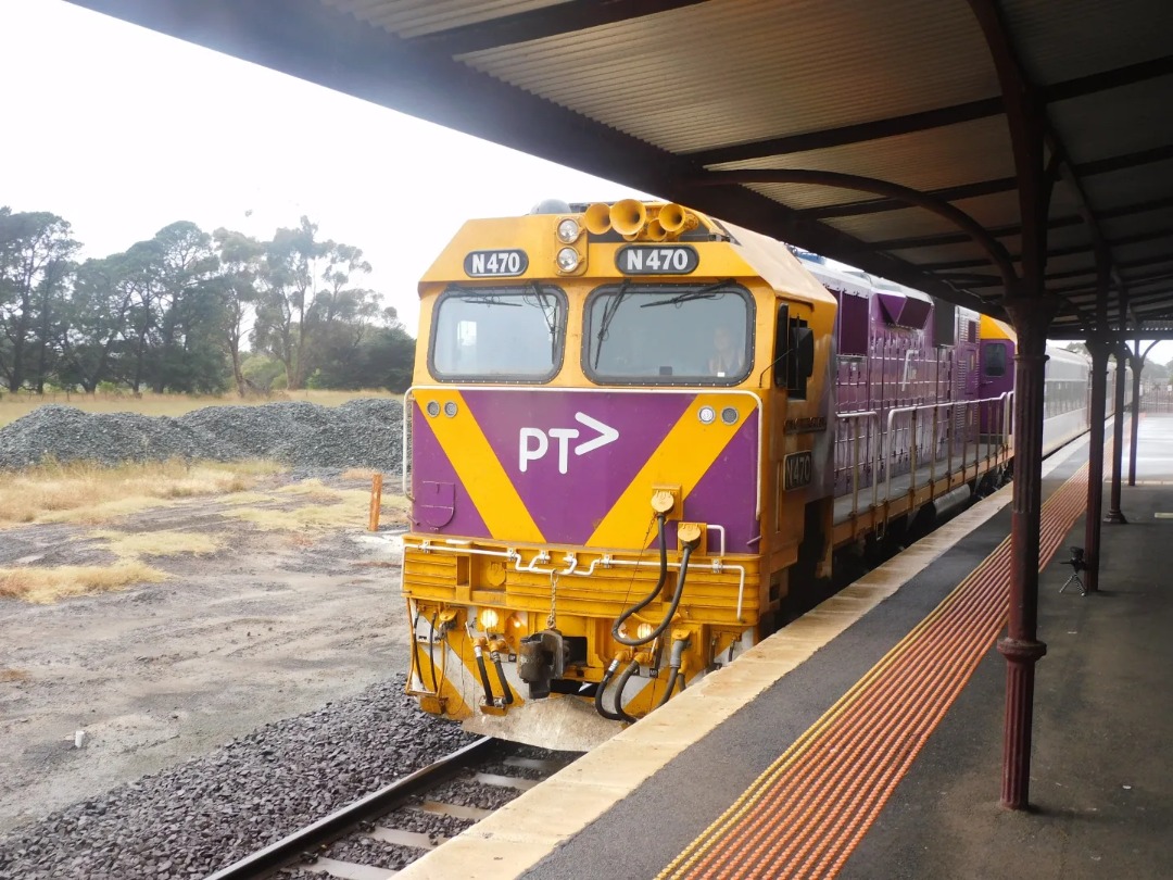 Lachlan Steininger on Train Siding: N470 passes Winchelsea with a down Warrnambool Service, and P15 & P12 leads Captain's Choice Charter. 6.3.22.