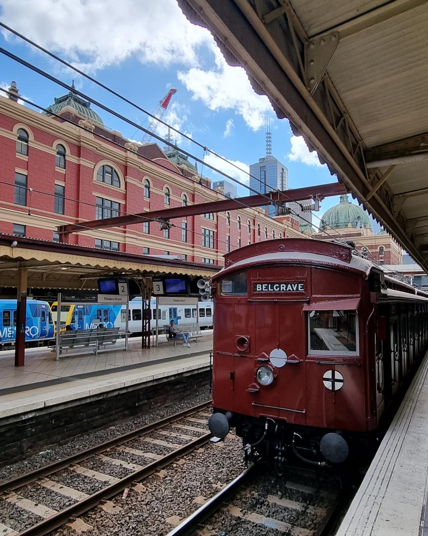 Lachlan Steininger on Train Siding: Steamrail's Tait Train 317M sitting on Platform 4 at Flinders Street awaiting departure for Belgrave on the Official
Relaunch Tour....