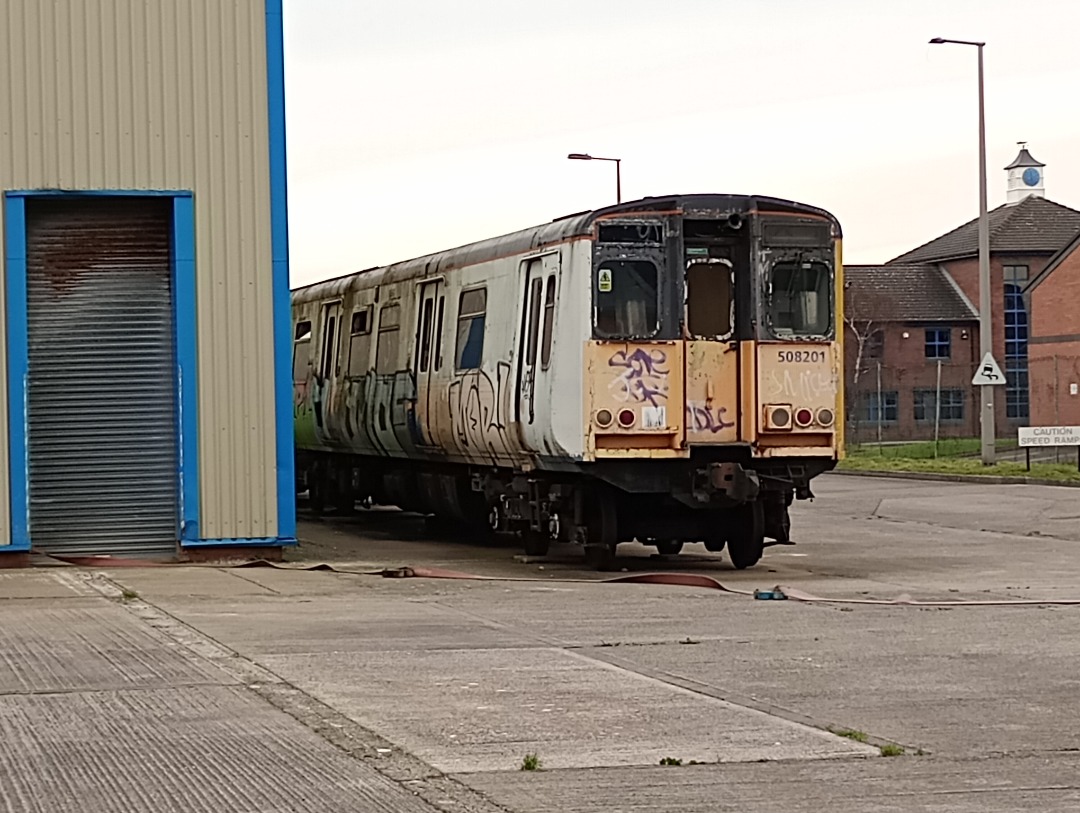 Hardley Distant on Train Siding: CURRENT: Class 508 units 64649 (ex 508201 - Front) and 64712 (ex 508209 - Rear) are pictured in the Yard of the Emergency
Services...