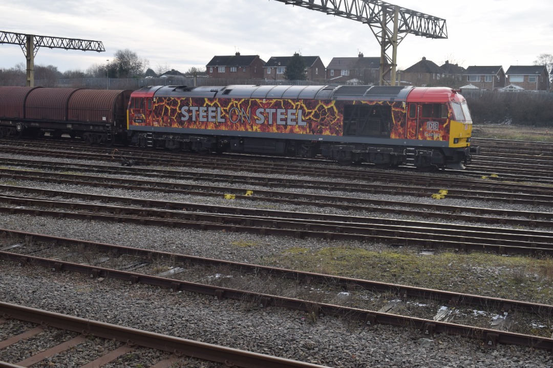 Hardley Distant on Train Siding: CURRENT: 60062 'Sonia' in DB's special Steel on Steel Livery is pictured stabled alongside Bescot Stadium
Station today between duties.