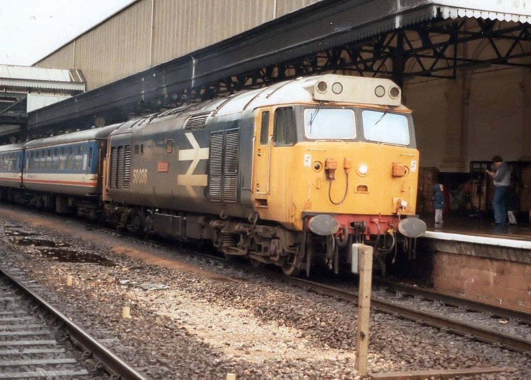Inter City Railway Society on Train Siding: Class 50 no.50036 waits at Exeter with the 16:18 Exeter St.Davids - London Waterloo