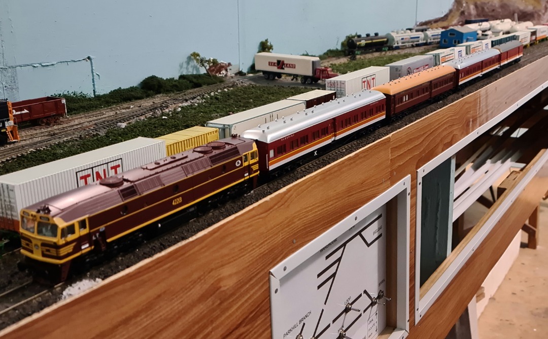 Geoff on Train Siding: The Kellunga Mail on its first run on the club layout. Unfortunately the ACS kept derailing and had to be shopped out for inspection
tomorrow