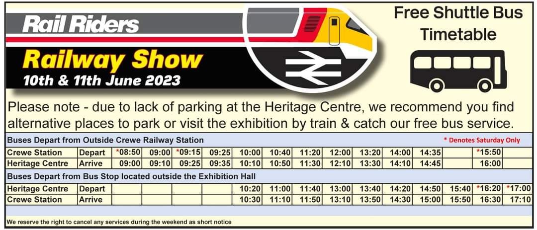 Rail Riders on Train Siding: A free shuttle bus service from Crewe station to the Crewe Heritage Centre on Saturday & Sunday for all visitors to our event.
Due to the...