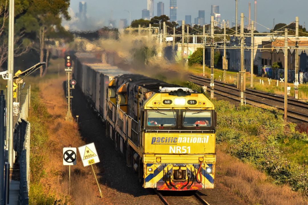 Shawn Stutsel on Train Siding: After a Locomotive change at Laverton, Pacific National's NR51, NR16 and NR17 races through Williams Landing, Melbourne with
a diverted...
