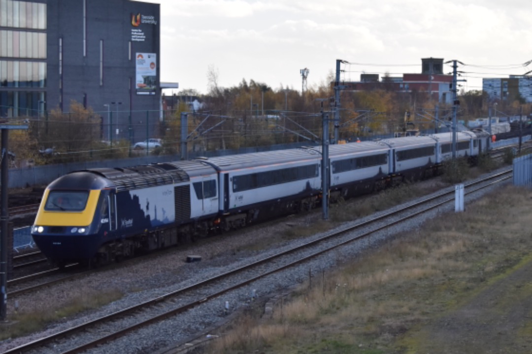 George Stephens on Train Siding: Scotrail HST 43164 + 43124 seen passing Darlington working 5S01 Doncaster RFS Engineering/Wabtec - Slateford Depot