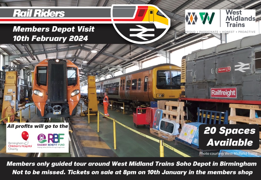 Rail Riders on Train Siding: We are pleased to announce our first members only depot visit of 2024 will be to the West Midlands Trains Soho depot on the 10th
February.