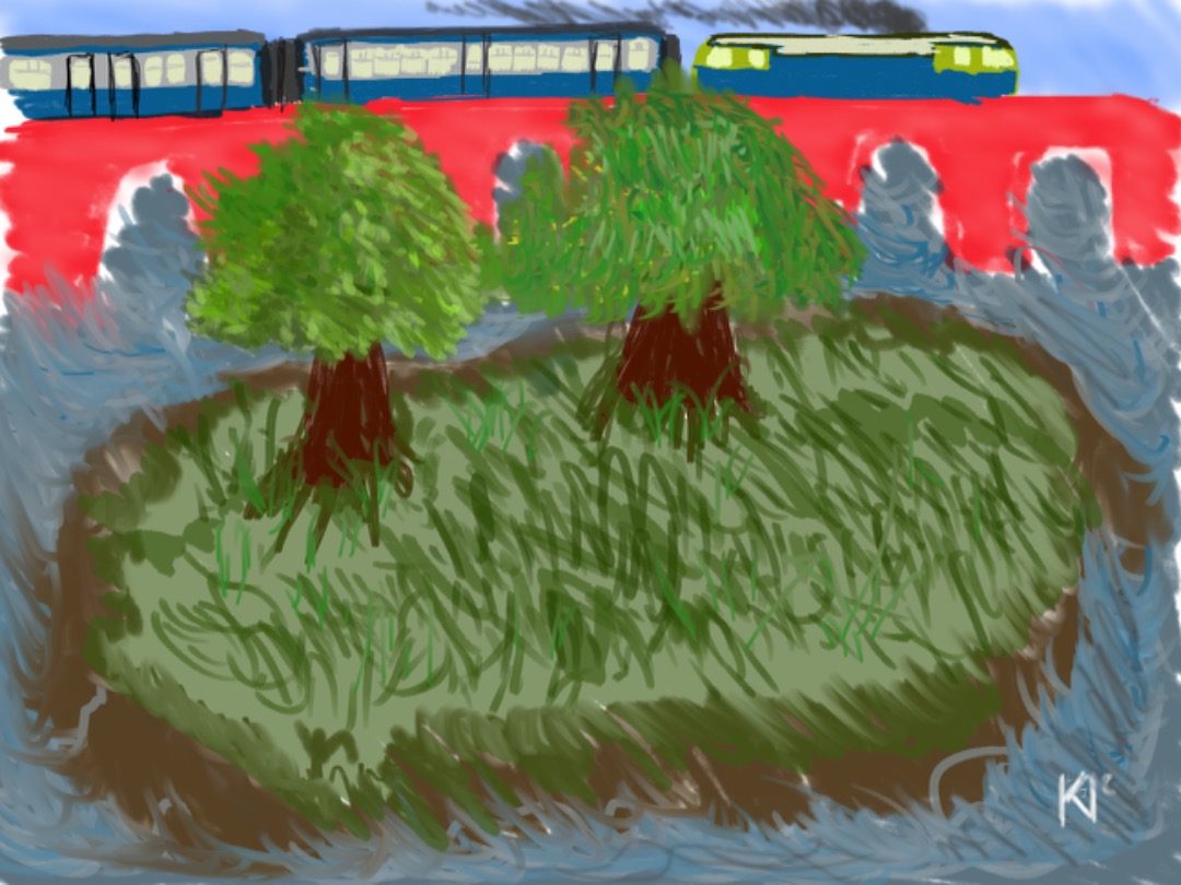Kieran McMenemy on Train Siding: Class 47 with a rake of MK. IIc going over a Viaduct. The two trees symbolise the importance of closeness. The railway
symbolises the...