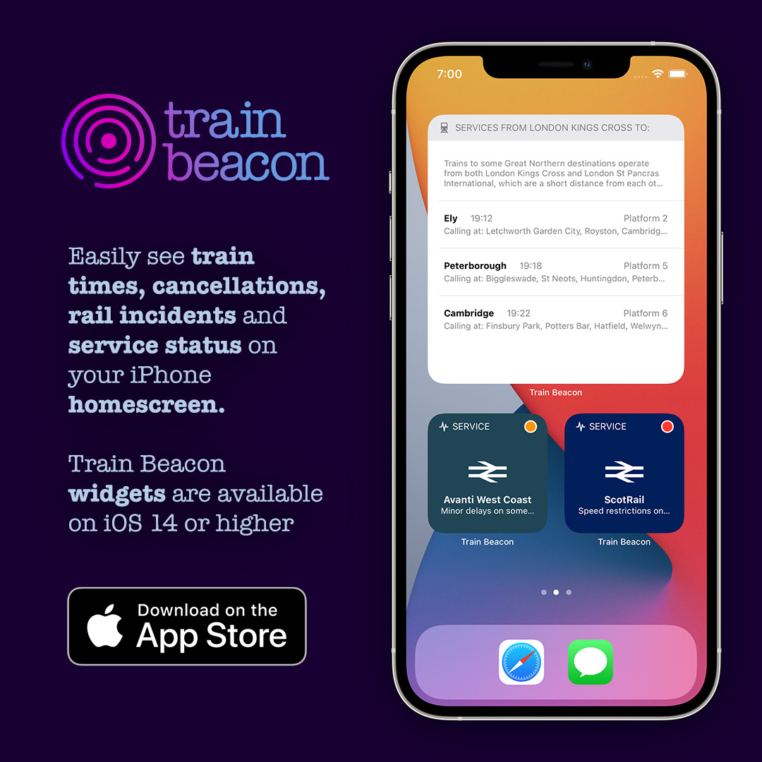 Train Beacon on Train Siding: Easily see train times, cancellations, rail incidents and service status on your iPhone homescreen.