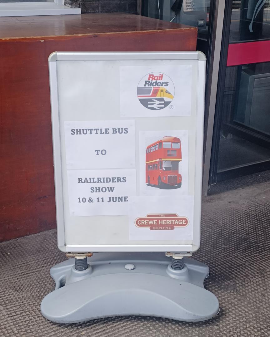 Rail Riders on Train Siding: We now have our show banner and Shuttle Bus advert board on display at Crewe Station ready for next weekends show.