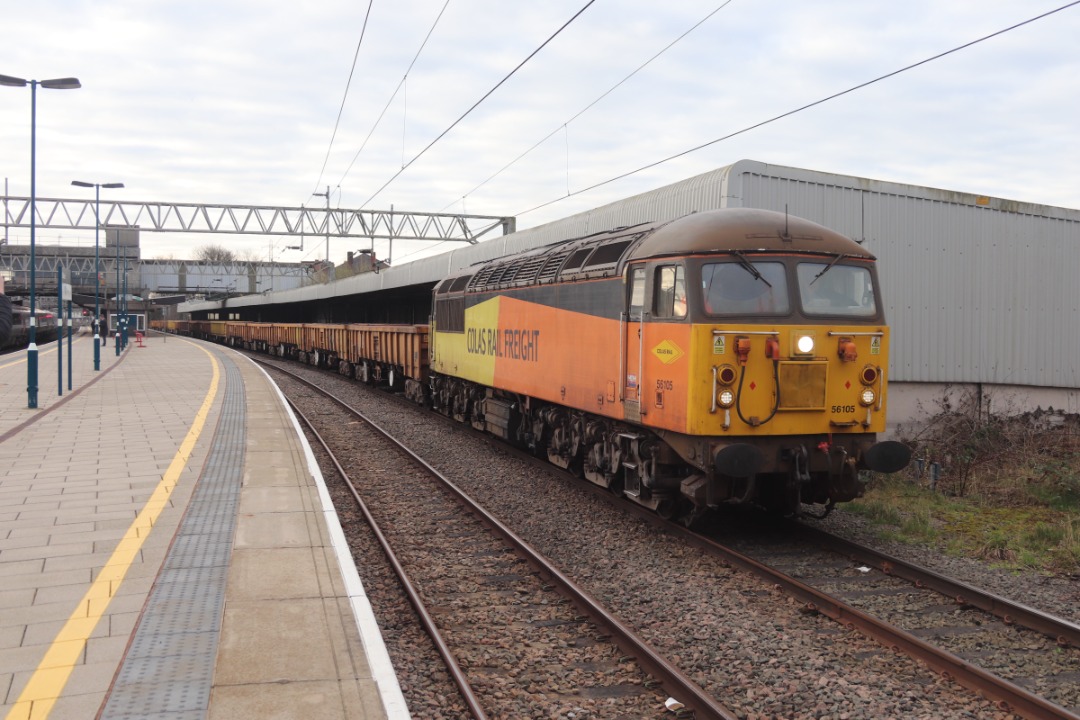 Chris Pindar on Train Siding: 56105 runs round an infrastructure train on the post office platform at Stafford this morning.