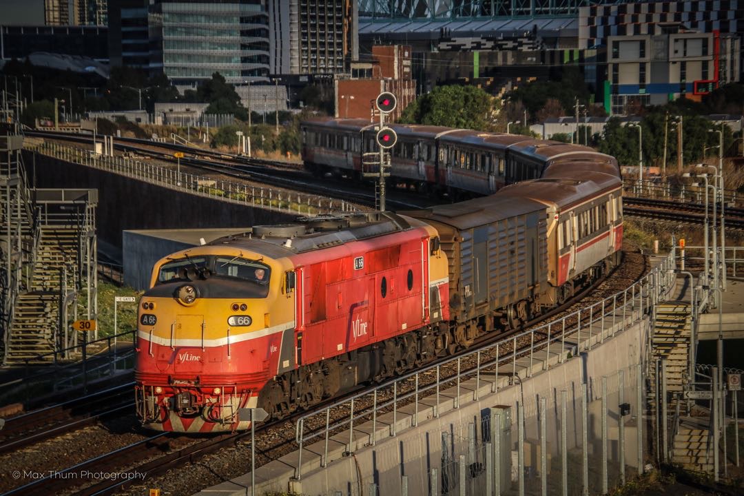 Max Thum on Train Siding: A66 (the last passenger regular running streamliner in the world) navigates out of the maze of Melbourne, as it prepares to sprint
40km to...