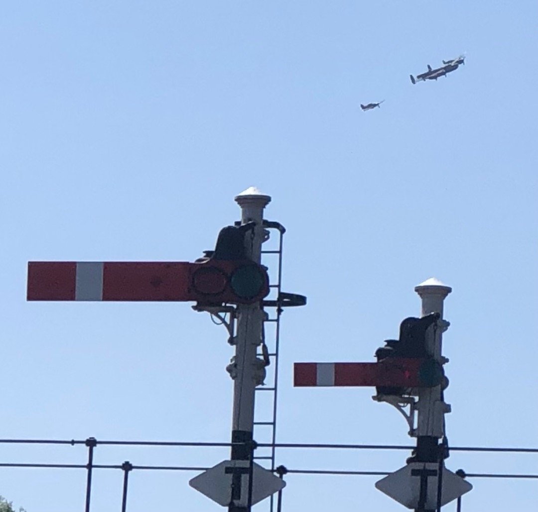 k unsworth on Train Siding: Unusual visitors to Bury Bolton Street........Spitfire, Hurricane and Lancaster of the BBMF Fly over on 27/05