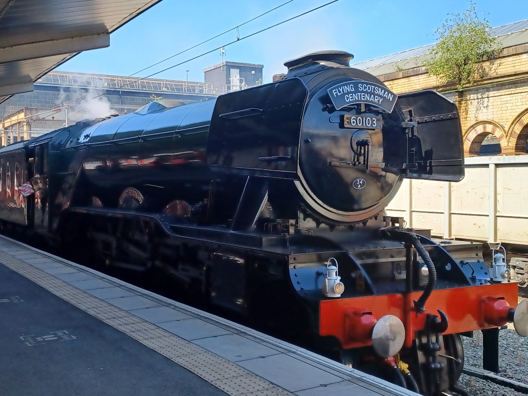 Trainnut on Train Siding: #photo #train #steam #station #60103 #flying scotsman #diesel DRS 66 in the baking sun too. Flying Scotsman from Carnforth to Southall
today