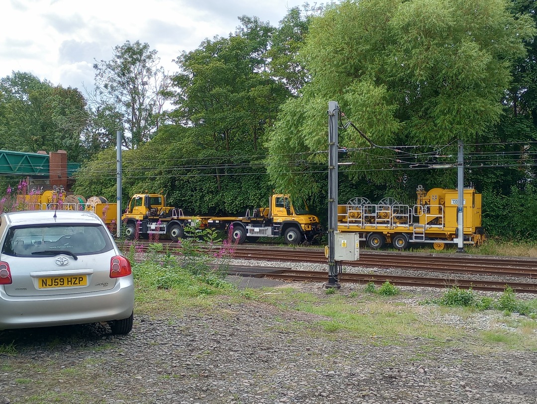 Hadren Railway on Train Siding: Road-rail maintenance vehicles stationed in the siding at Monkseaton ahead of overhead line works between North Shields and
Benton over...
