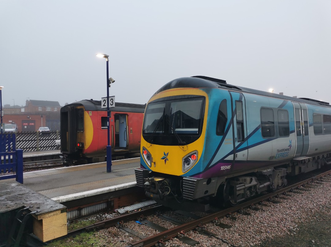 Rail Ale Adventures on Train Siding: Busy morning scene at Cleethorpes with Transpennine Express 185416 on the blocks and East Midlands Railway 156410 preparing
to...