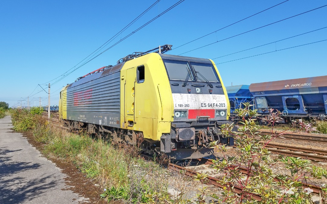 Adam L. on Train Siding: A Yellow-Silver MRCE Dispolok Siemens Eurosprinter, on lease to Ost-West Logistic Poland Inc, sits offline nearby one of the Kielce...