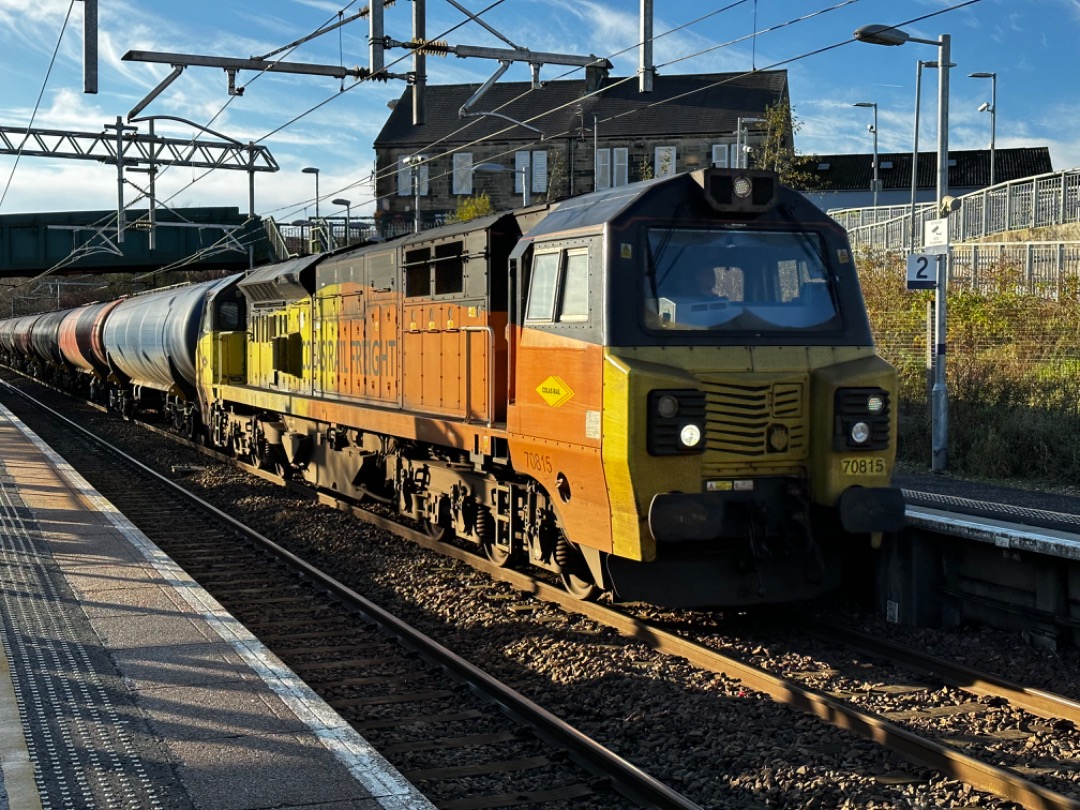 Ian Gaynor-Kirk on Train Siding: 70815 at Cumbernauld on 19 November 2022 with the Prestwick - Grangemouth tank empties.