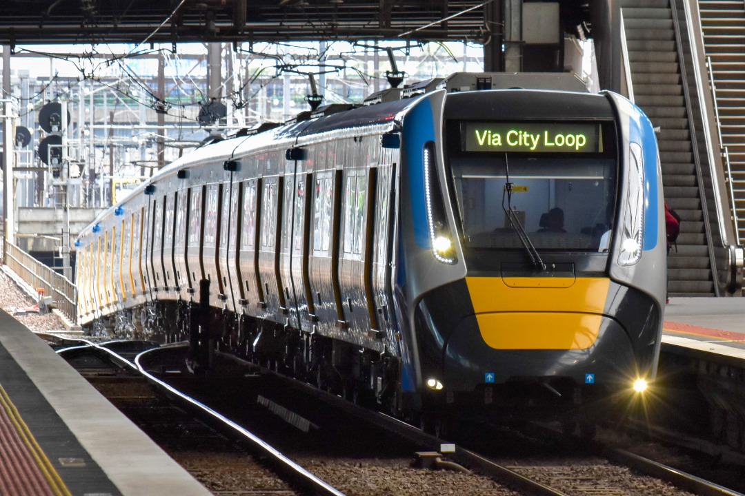 Shawn Stutsel on Train Siding: A Metro Trains Melbourne HCMT set arrives at Southern Cross Station, with a Flinders Street Service, via the City Loop before
turning...