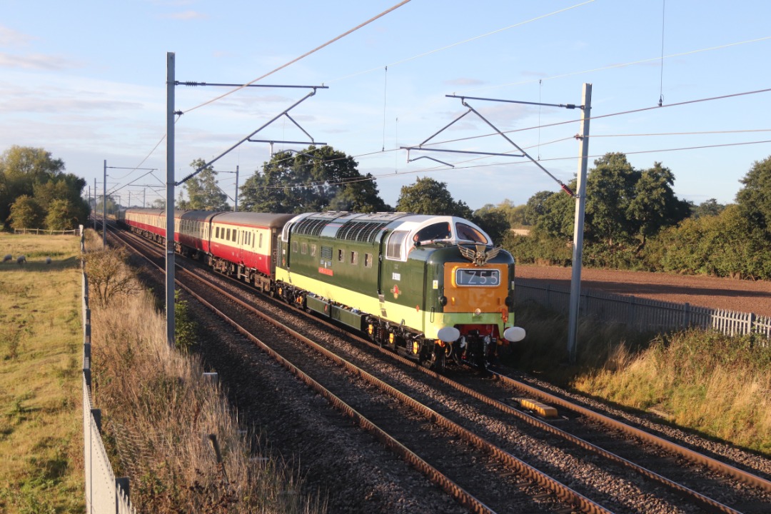 Chris Pindar on Train Siding: Deltic D9000 Royal Scots Grey flying over Dunston Heath on its way to Newcastle bright and early this morning.